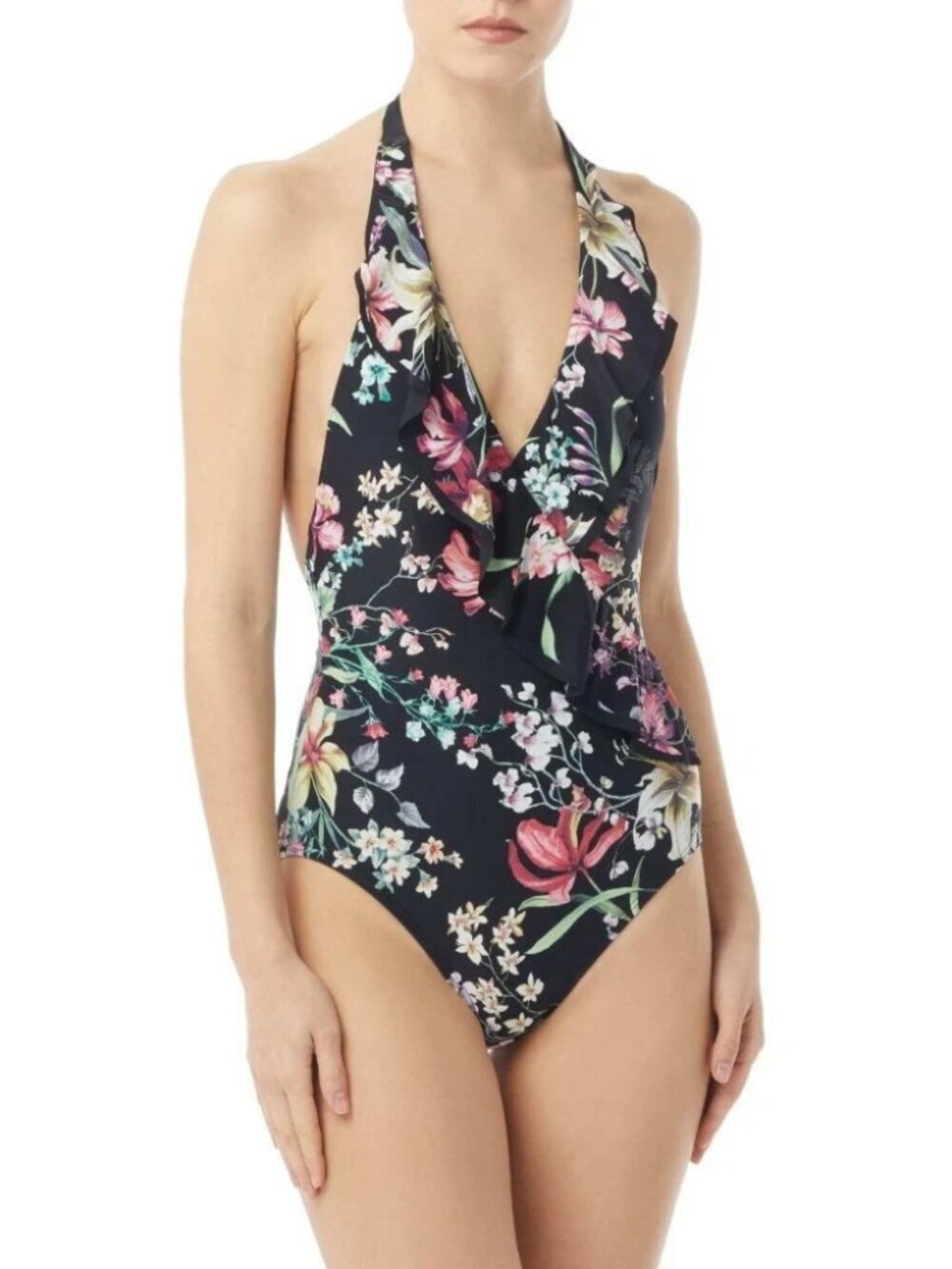 Carmen Marc Valvo Black Botanical Halter One Piece Swimsuit Backless Size 14 NWT